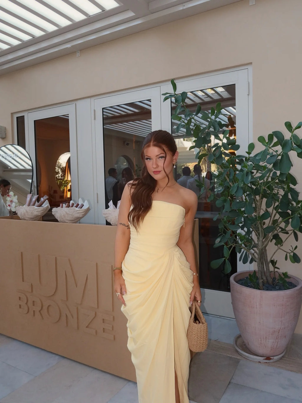 Mingmingxi Spring Summer Yellow Strapless Maxi Dress Ruched High Slit Evening Gown Bodycon Wedding Guest Party Dress Women