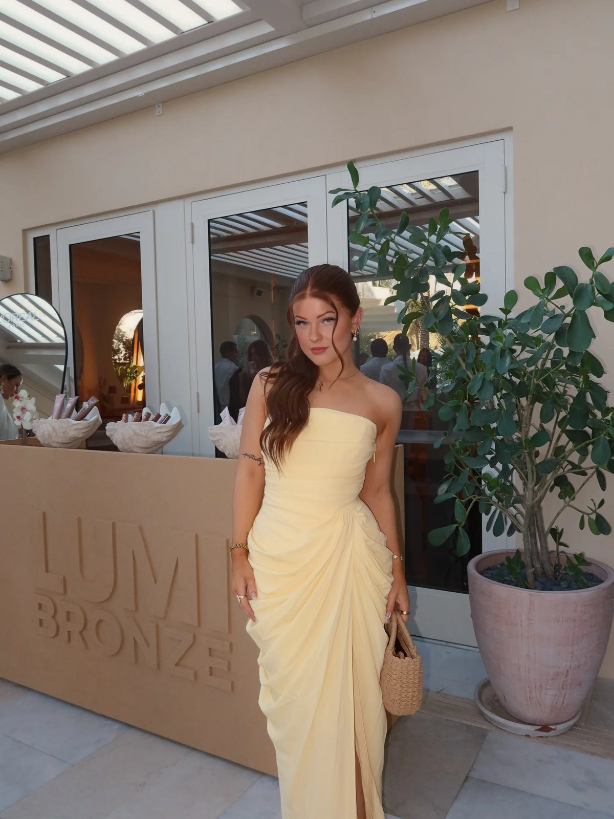 Mingmingxi Spring Summer Yellow Strapless Maxi Dress Ruched High Slit Evening Gown Bodycon Wedding Guest Party Dress Women