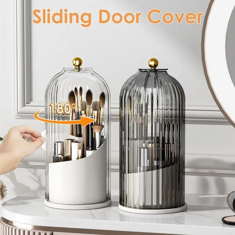 360 Rotating Makeup Brush Organizer with Clear Dustproof Lid Multi-Grid Cosmetic Storage Box Desktop Vanity Countertop Container Toothbrush Stand Beauty Display Case for Bathroom Dresser Office