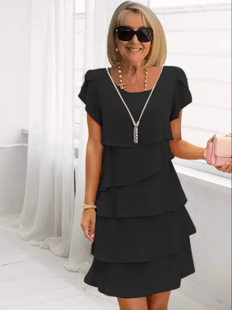 Women Short Sleeve Round Neck Tiered Ruffle Chiffon Midi Dress Elegant Summer Casual Party Cocktail A Line Flowy Dress