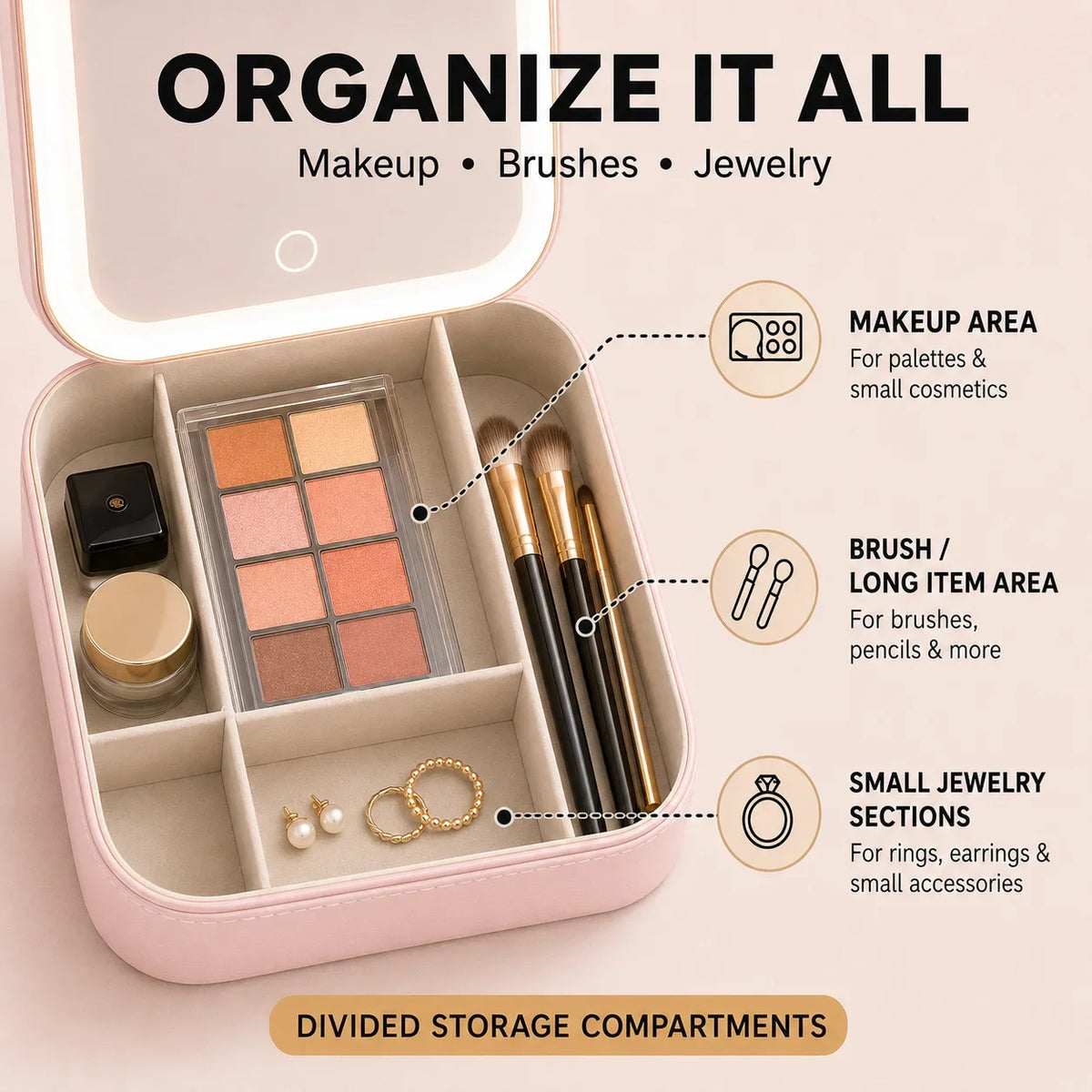 Portable LED Lighted Makeup Mirror Jewelry Box Organizer Travel Cosmetic Case USB Rechargeable Touch Control Vanity Mirror