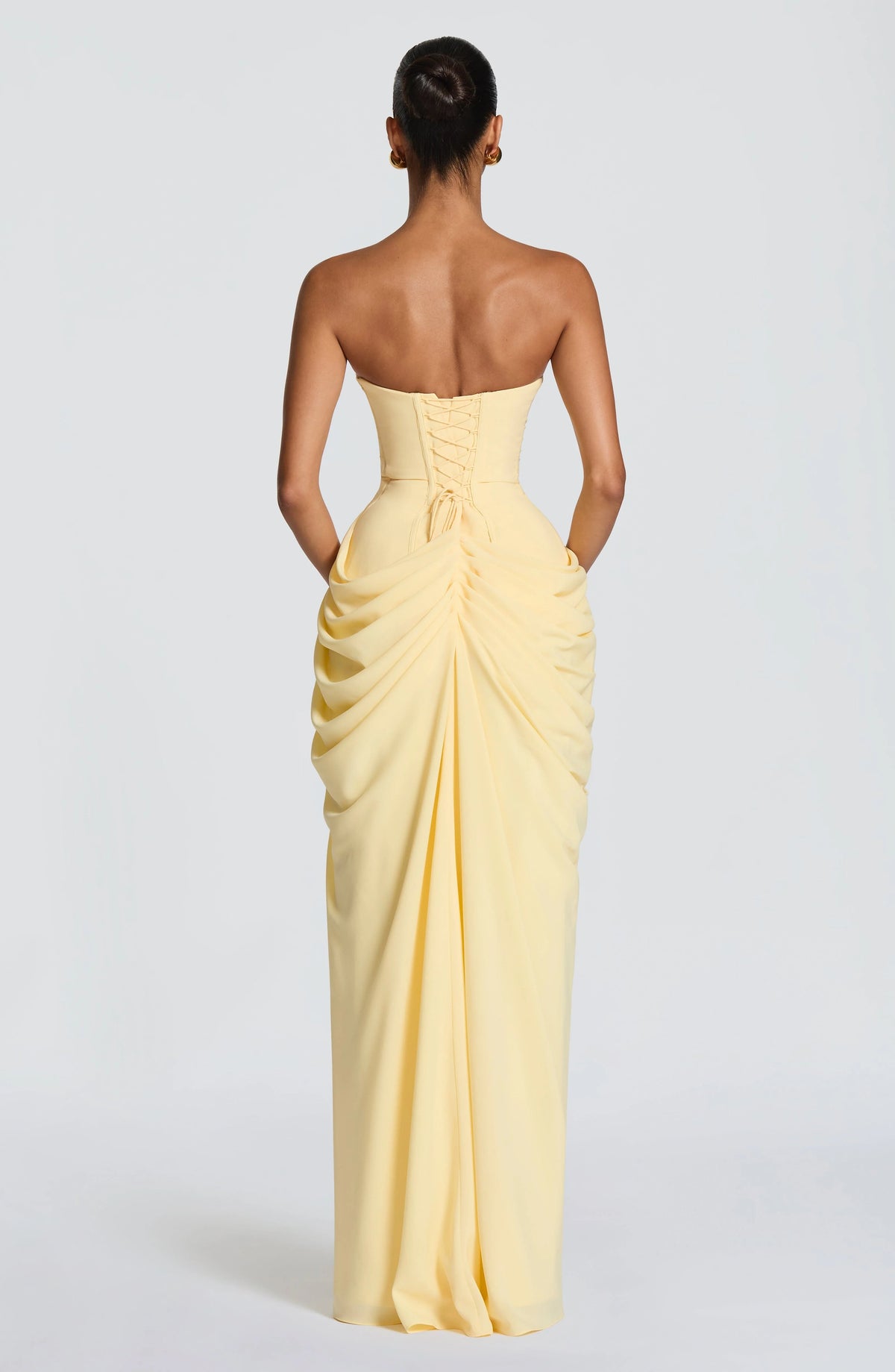 Mingmingxi Spring Summer Yellow Strapless Maxi Dress Ruched High Slit Evening Gown Bodycon Wedding Guest Party Dress Women