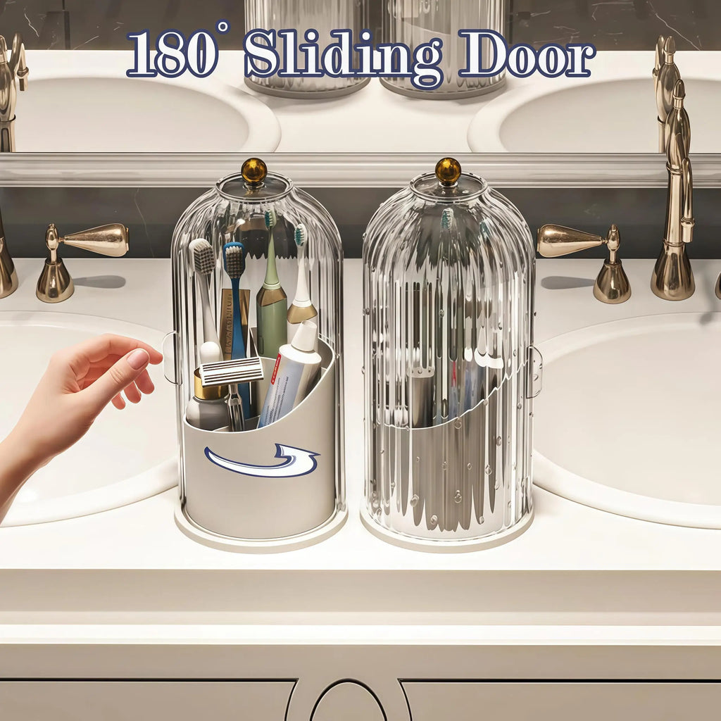 360 Rotating Makeup Brush Organizer with Clear Dustproof Lid Multi-Grid Cosmetic Storage Box Desktop Vanity Countertop Container Toothbrush Stand Beauty Display Case for Bathroom Dresser Office