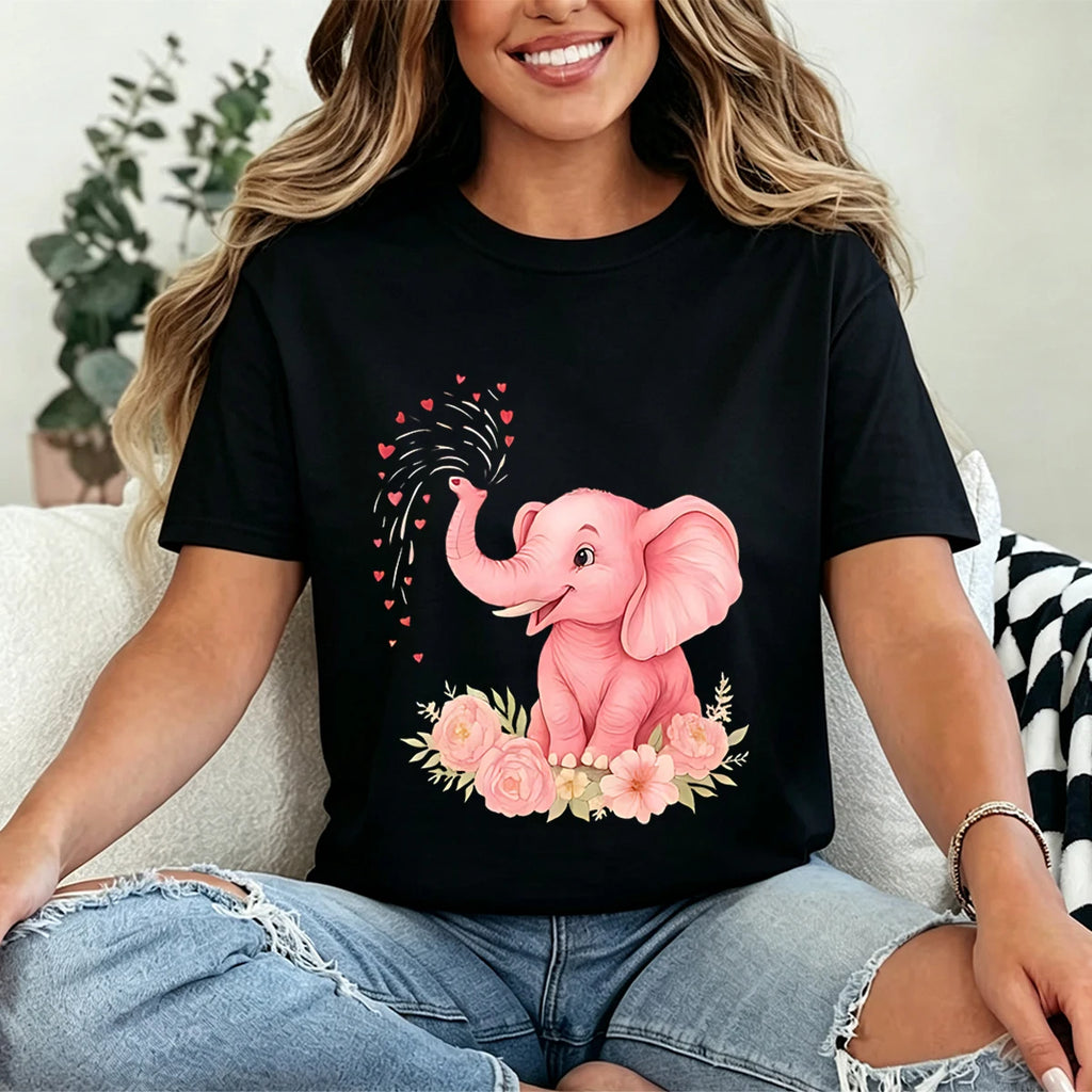 Cute pink elephant, heart, and floral print loose-fit plus-size women's cotton T-shirt with a round neck and short sleeves—suitable for casual daily wear, vacations, and lounging at home.