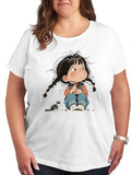 Cute Cartoon Little Girl with Cat Graphic T Shirt Women Fashion Casual Stretchy Plus Size Short Sleeve Soft Cotton Summer Tee Tops