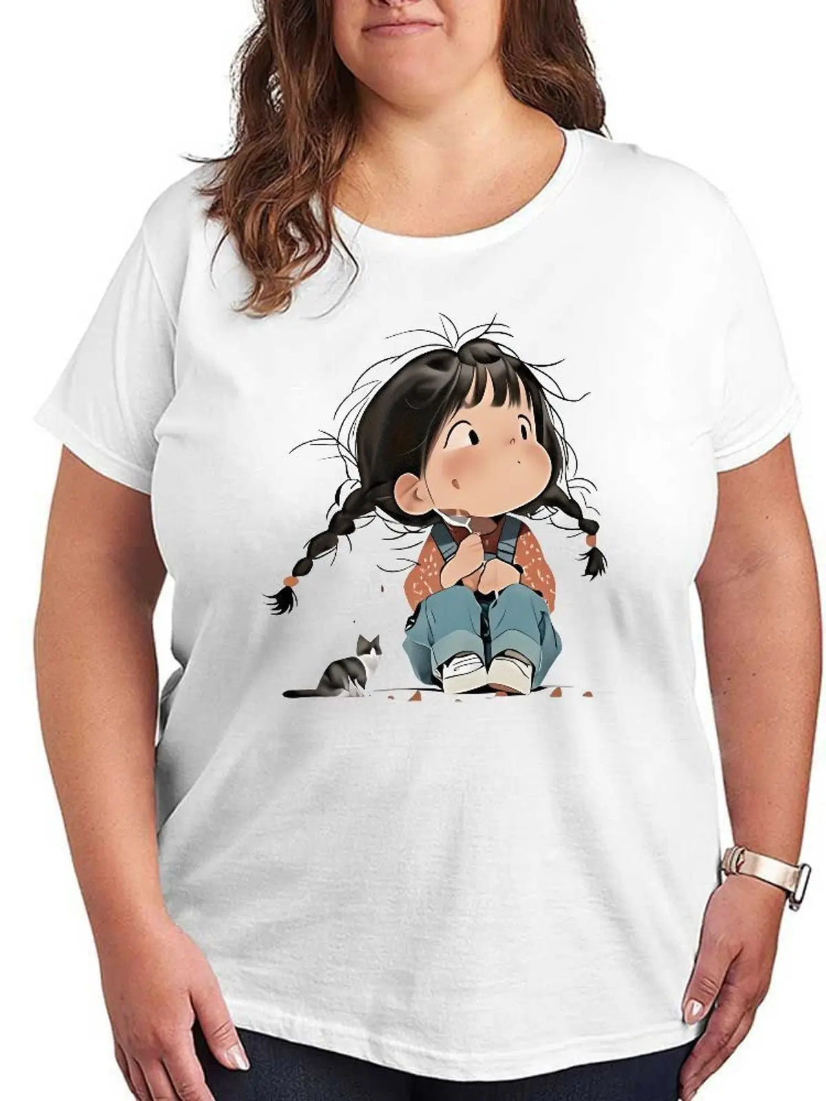 Cute Cartoon Little Girl with Cat Graphic T Shirt Women Fashion Casual Stretchy Plus Size Short Sleeve Soft Cotton Summer Tee Tops