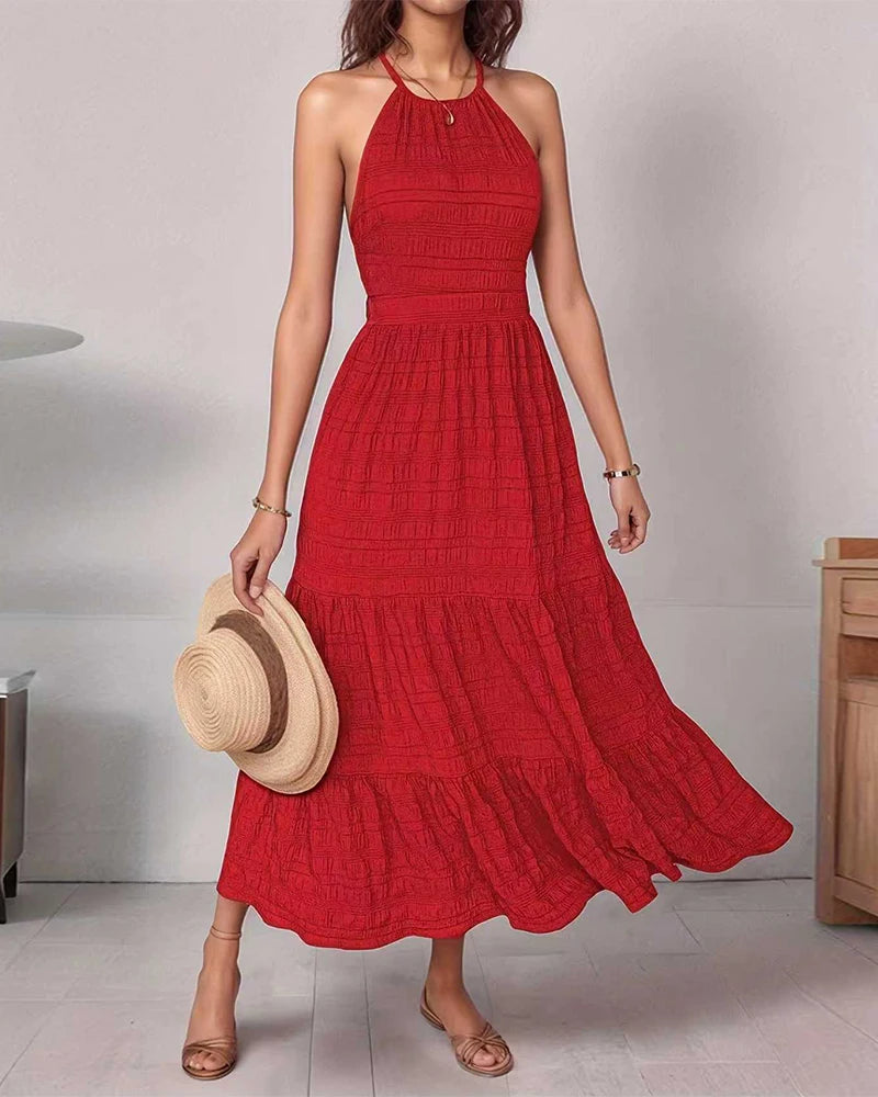 Spring Summer Elegant Women's Off-Shoulder Backless Holiday Long Skirt Draped Maxi Dress for Ladies