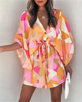 Women Print Dress Sexy V-Neck Bat Sleeve Ruffl Flowers Print Bohemian Beach Sundress Ladies Loose Summer Vacation Mini Dresses