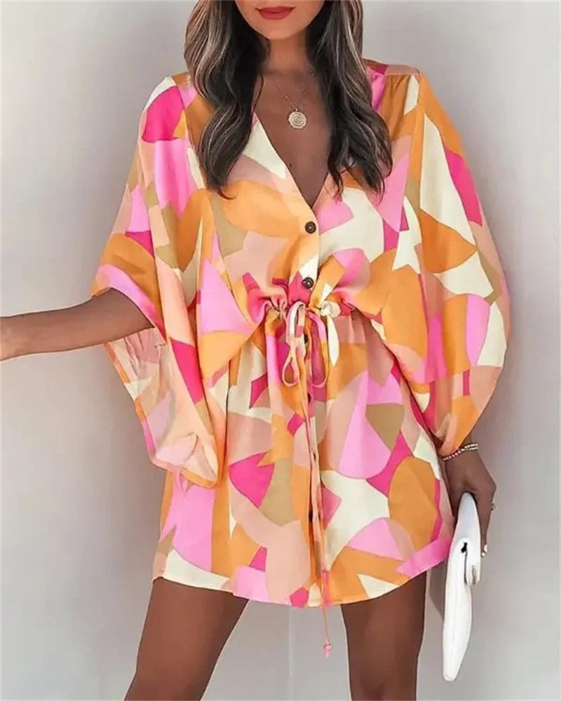Women Print Dress Sexy V-Neck Bat Sleeve Ruffl Flowers Print Bohemian Beach Sundress Ladies Loose Summer Vacation Mini Dresses