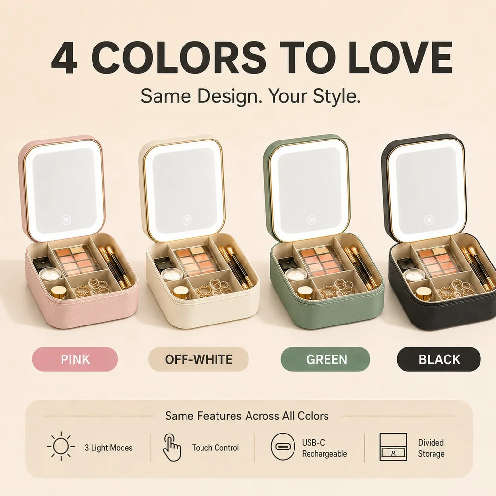 Portable LED Lighted Makeup Mirror Jewelry Box Organizer Travel Cosmetic Case USB Rechargeable Touch Control Vanity Mirror