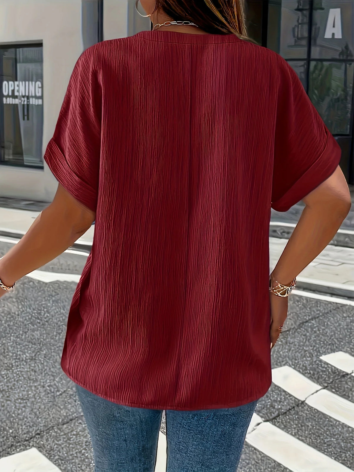 Plus Size Women's Casual Crinkle Blouse with Button Detail Relaxed Fit Short Sleeve Top