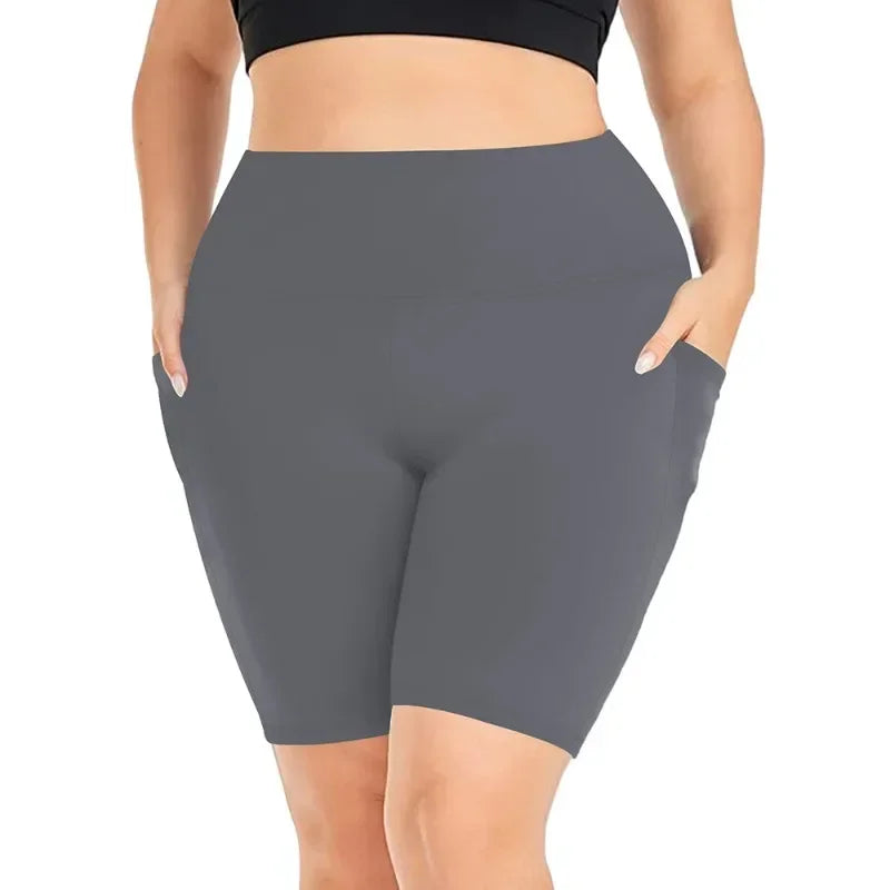 Women's High-Waisted Yoga Shorts Plus Size Workout Leggings with Dual Pockets Stretch European Style Activewear for Gym & Casual