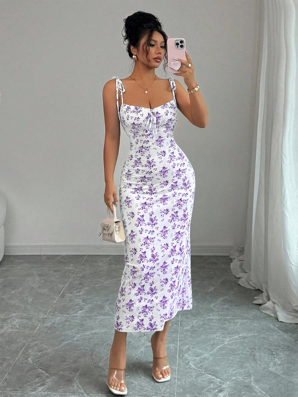 Flowy Floral Slip Dress Square Neck Tie-Up Ruched Waist Dress