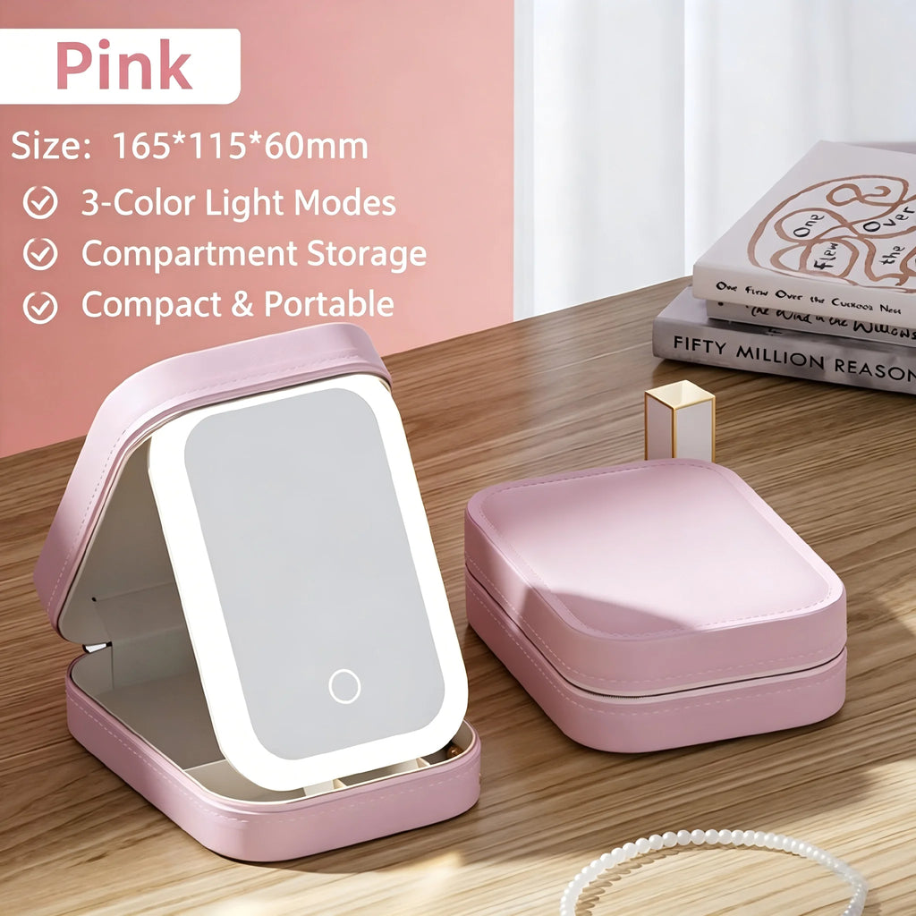 Portable LED Lighted Makeup Mirror Jewelry Box Organizer Travel Cosmetic Case USB Rechargeable Touch Control Vanity Mirror