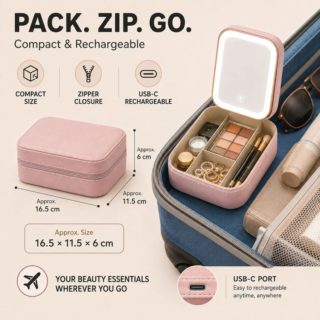 Portable LED Lighted Makeup Mirror Jewelry Box Organizer Travel Cosmetic Case USB Rechargeable Touch Control Vanity Mirror