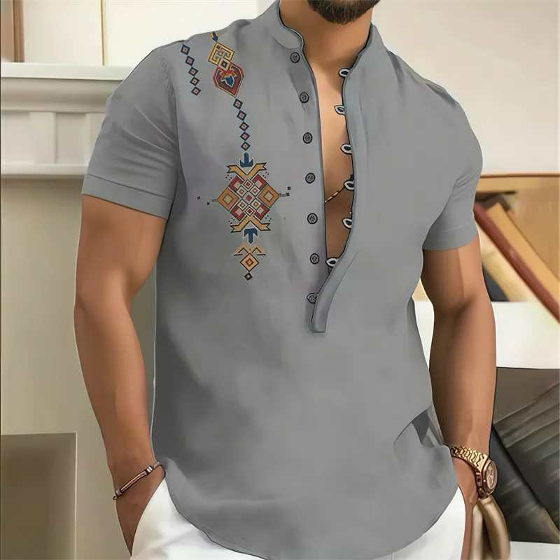 9-color men's linen fashionable short sleeved shirt, loose fabric short sleeved, ethnic style short sleeved shirt top