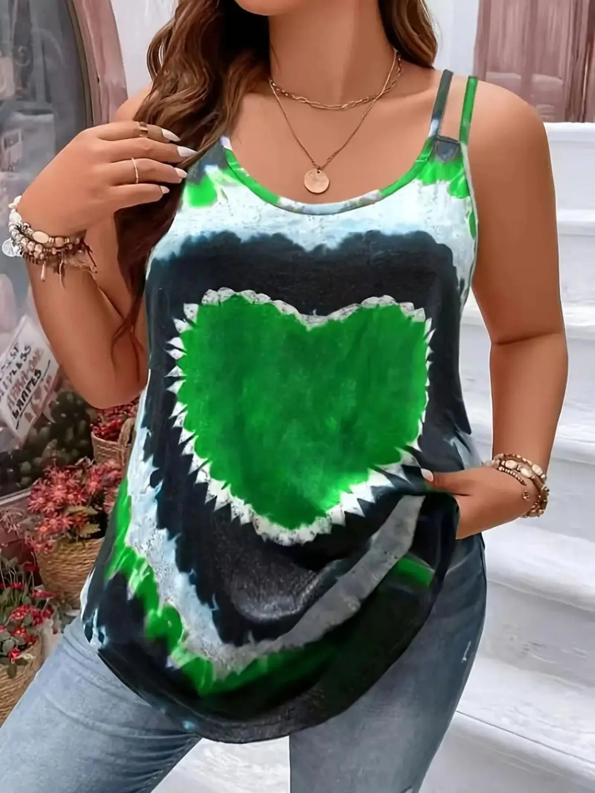 Euro-American Style 2026 New Plus Size Solid Color Round Neck Top Women's Heart Print Camisole Tank Top