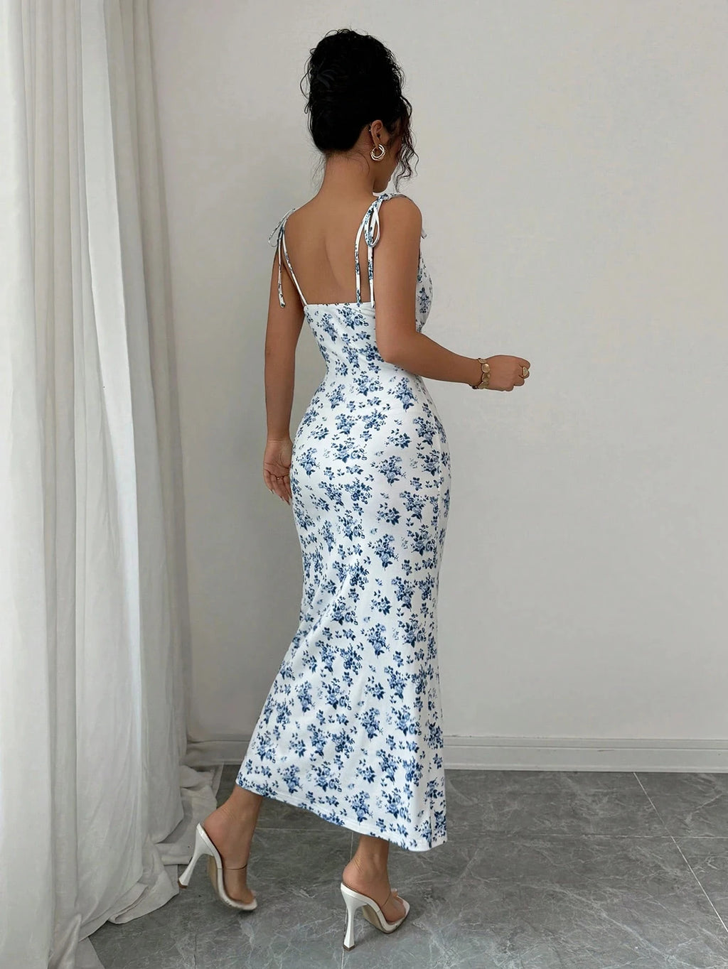 Flowy Floral Slip Dress Square Neck Tie-Up Ruched Waist Dress