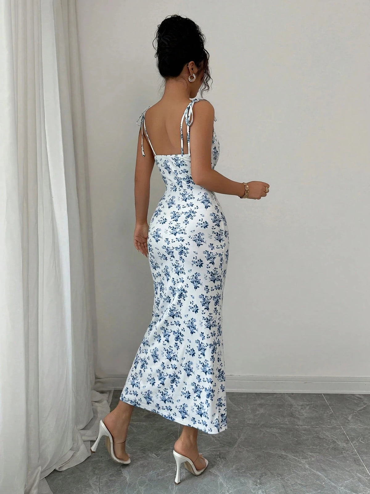 Flowy Floral Slip Dress Square Neck Tie-Up Ruched Waist Dress