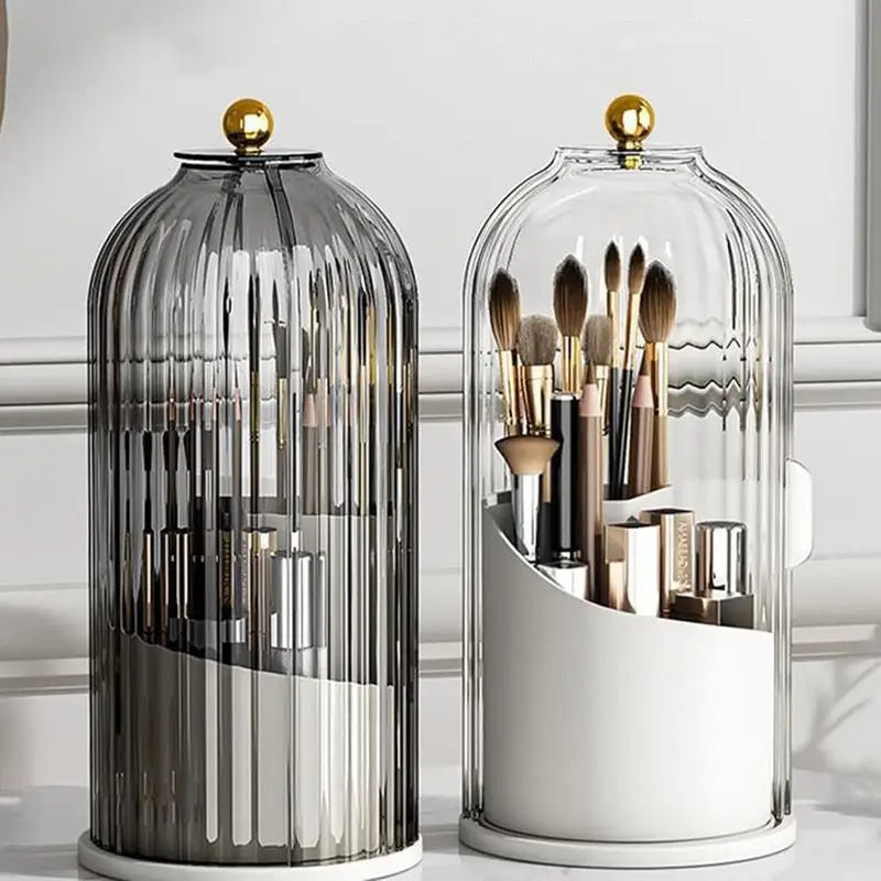360 Rotating Makeup Brush Organizer with Clear Dustproof Lid Multi-Grid Cosmetic Storage Box Desktop Vanity Countertop Container Toothbrush Stand Beauty Display Case for Bathroom Dresser Office