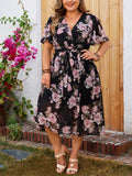 GIBSIE Plus Size Surplice Neck Butterfly Sleeve Belted Dress Women Holiday Floral Print A-line Boho Summer Long Dresses 2024 New