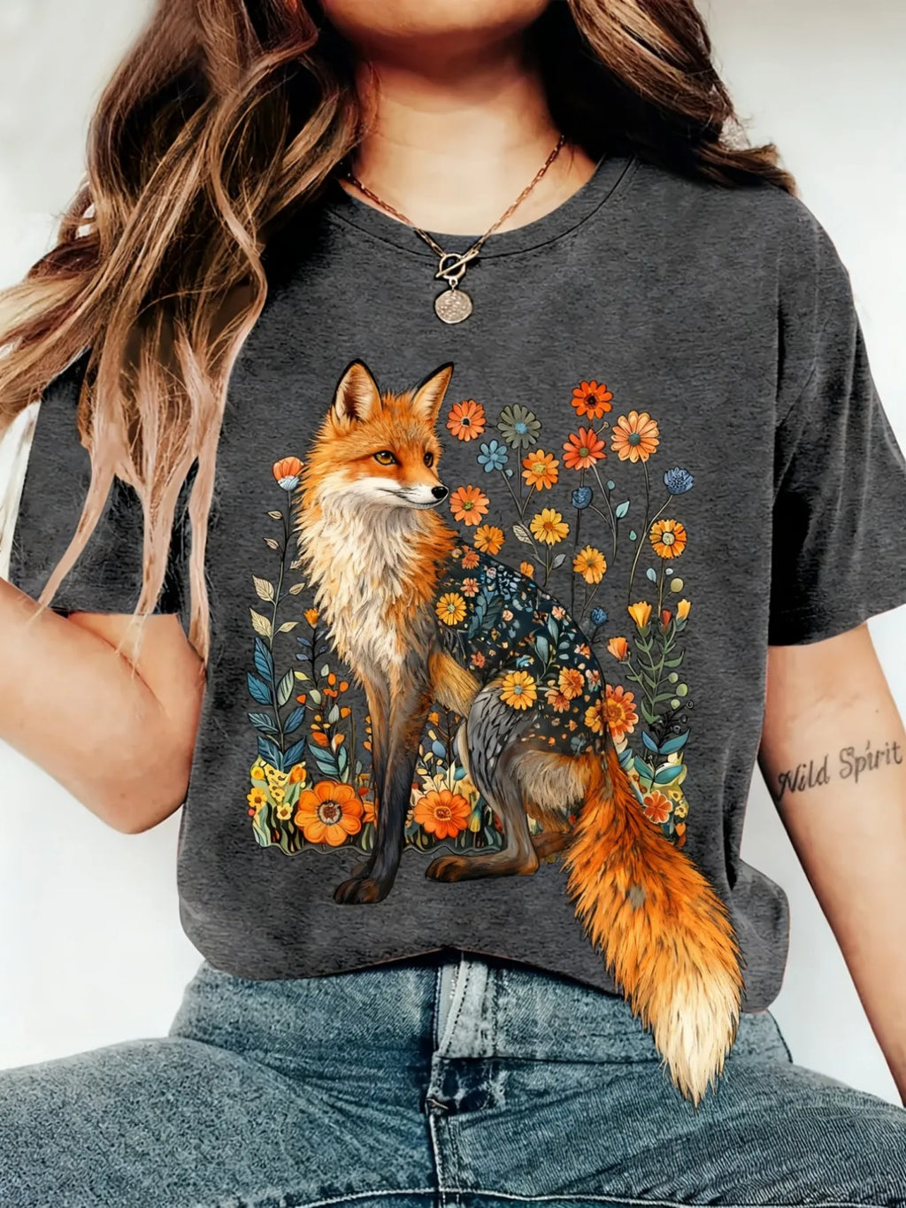 Plus size women's short sleeve T-shirt Fox Floral Pattern Design Art breathable fabric summer fashion women's clothing