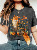 Plus size women's short sleeve T-shirt Fox Floral Pattern Design Art breathable fabric summer fashion women's clothing
