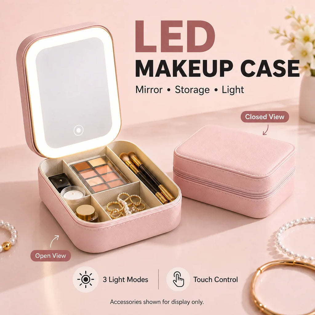 Portable LED Lighted Makeup Mirror Jewelry Box Organizer Travel Cosmetic Case USB Rechargeable Touch Control Vanity Mirror