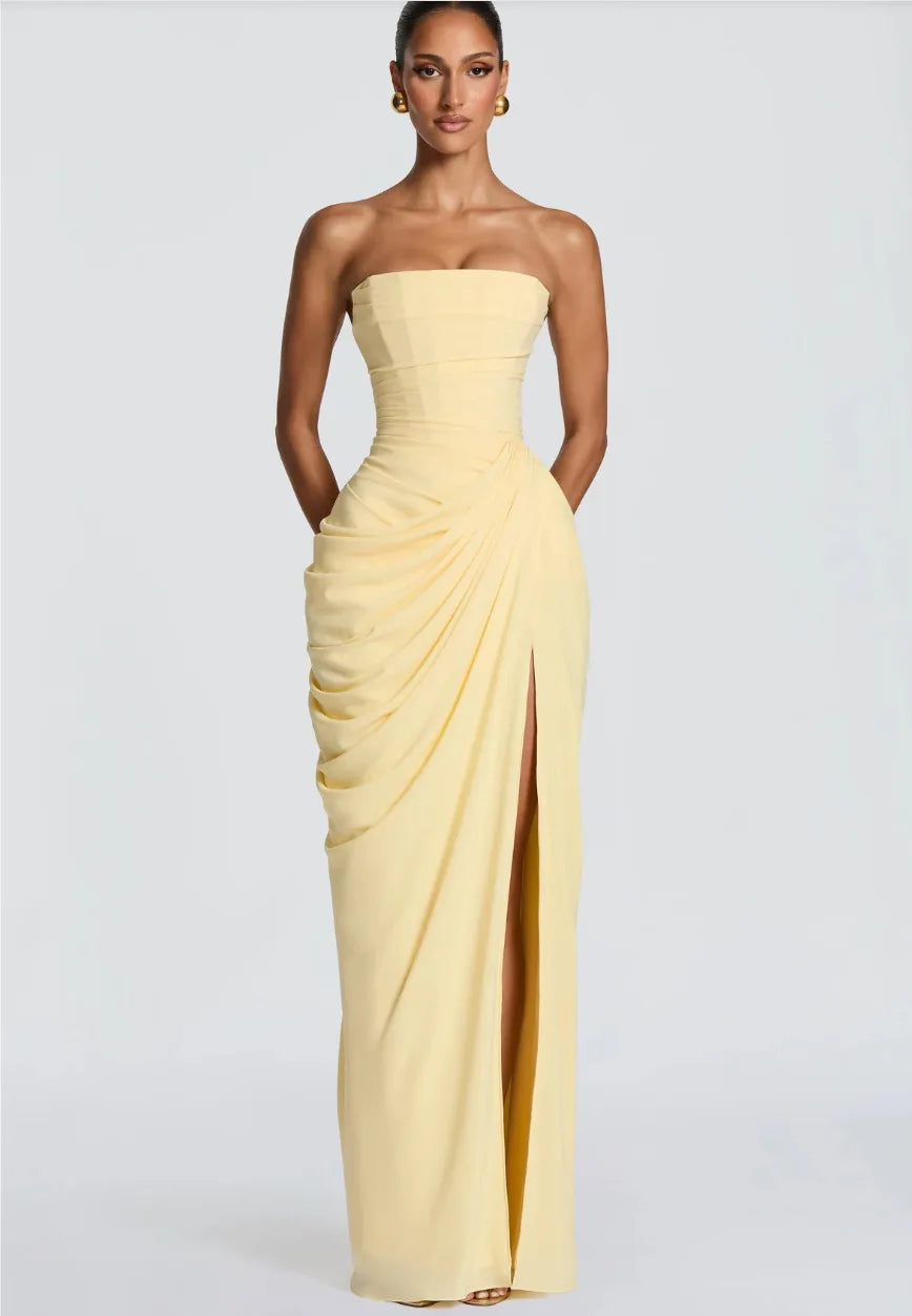 Mingmingxi Spring Summer Yellow Strapless Maxi Dress Ruched High Slit Evening Gown Bodycon Wedding Guest Party Dress Women