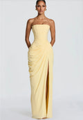 Mingmingxi Spring Summer Yellow Strapless Maxi Dress Ruched High Slit Evening Gown Bodycon Wedding Guest Party Dress Women