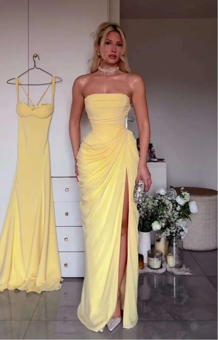 Mingmingxi Spring Summer Yellow Strapless Maxi Dress Ruched High Slit Evening Gown Bodycon Wedding Guest Party Dress Women