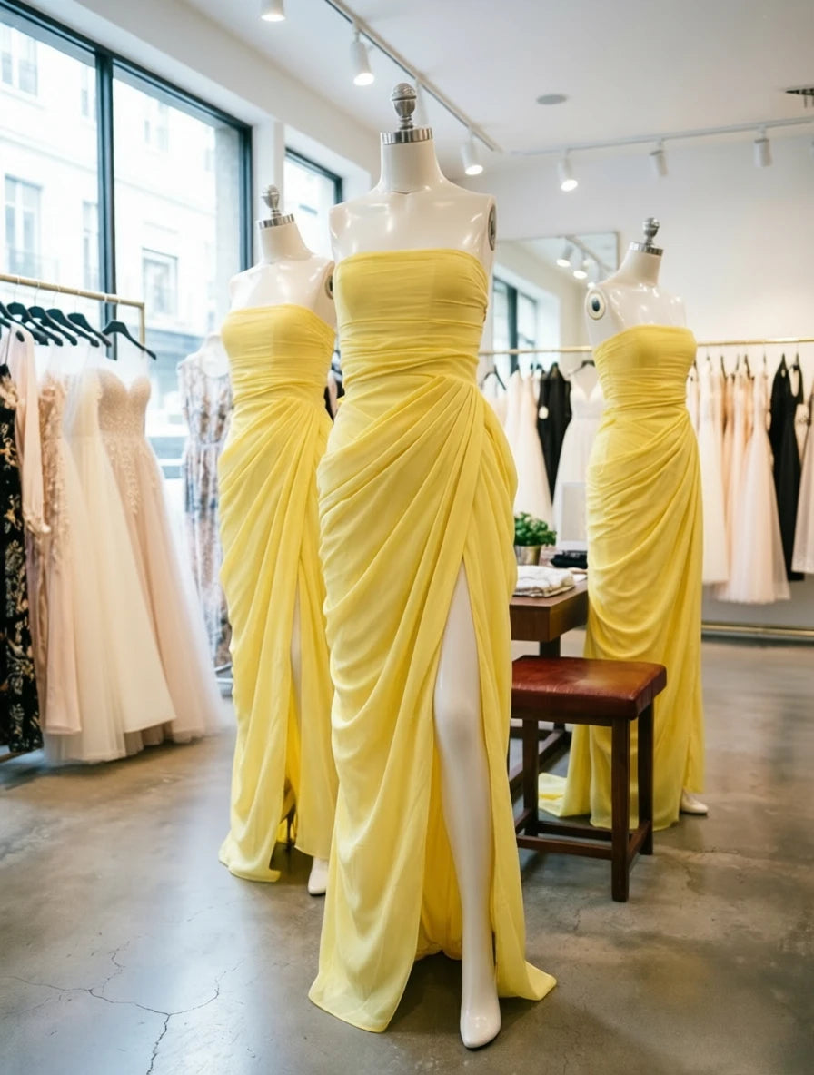 Mingmingxi Spring Summer Yellow Strapless Maxi Dress Ruched High Slit Evening Gown Bodycon Wedding Guest Party Dress Women