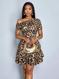 Women's Leopard Print Elegant Off-Shoulder Waist-Hem Mini Ruffled Dress