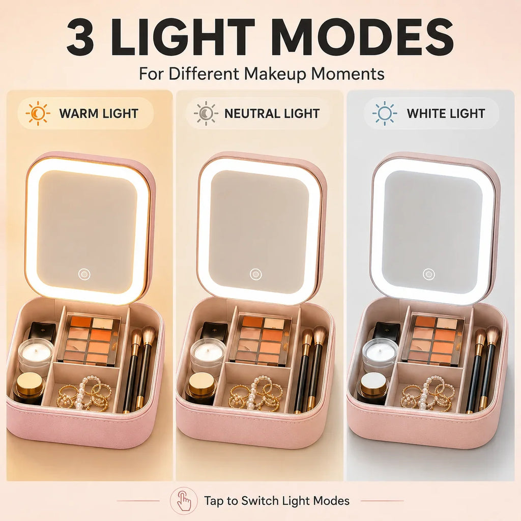 Portable LED Lighted Makeup Mirror Jewelry Box Organizer Travel Cosmetic Case USB Rechargeable Touch Control Vanity Mirror