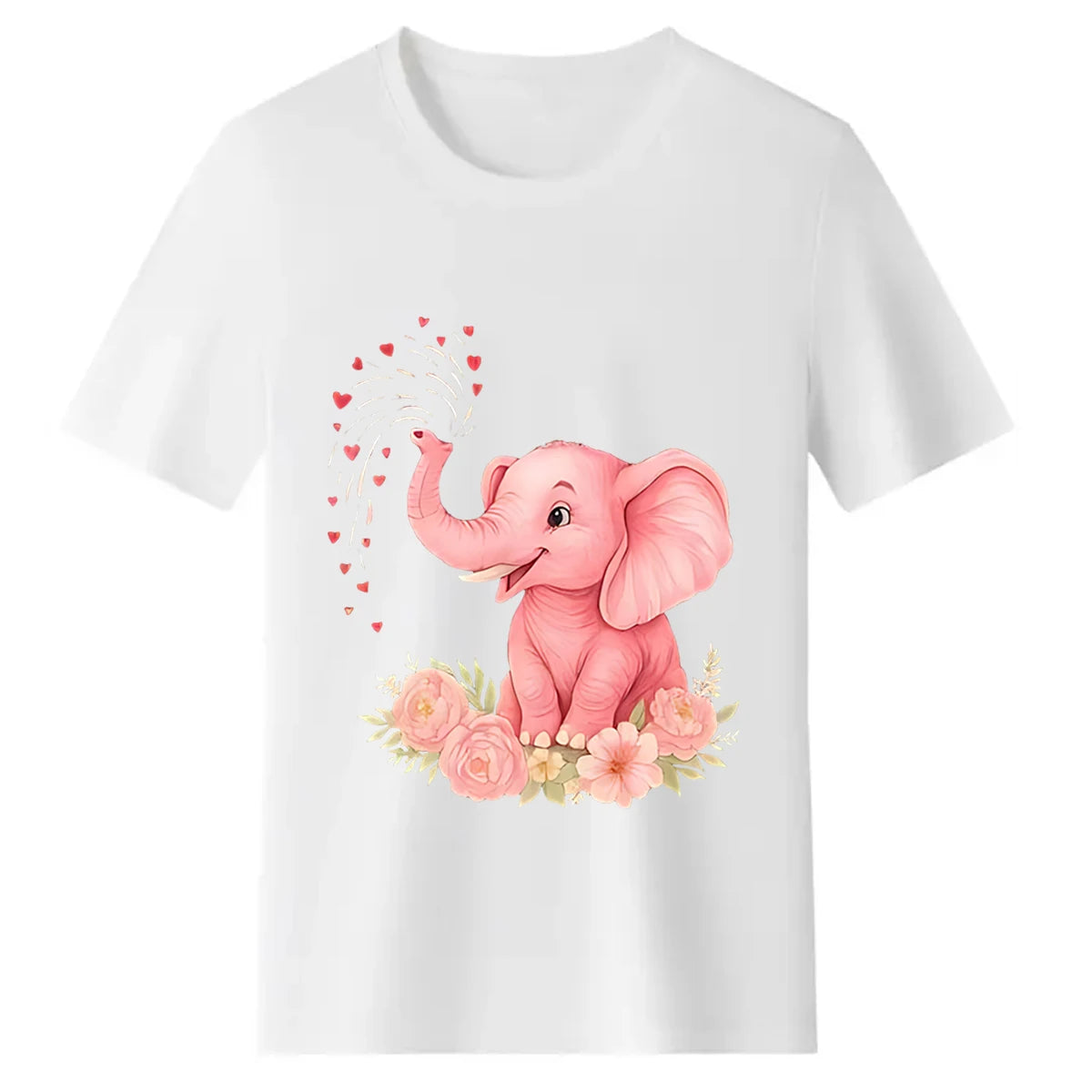 Cute pink elephant, heart, and floral print loose-fit plus-size women's cotton T-shirt with a round neck and short sleeves—suitable for casual daily wear, vacations, and lounging at home.