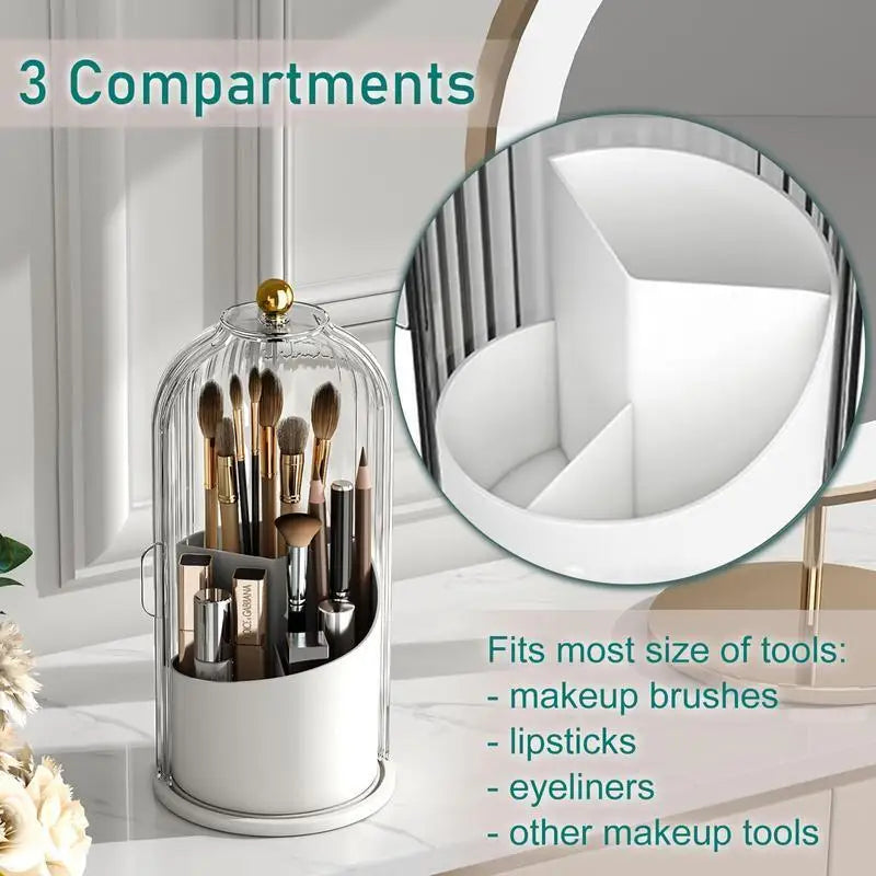 360 Rotating Makeup Brush Organizer with Clear Dustproof Lid Multi-Grid Cosmetic Storage Box Desktop Vanity Countertop Container Toothbrush Stand Beauty Display Case for Bathroom Dresser Office