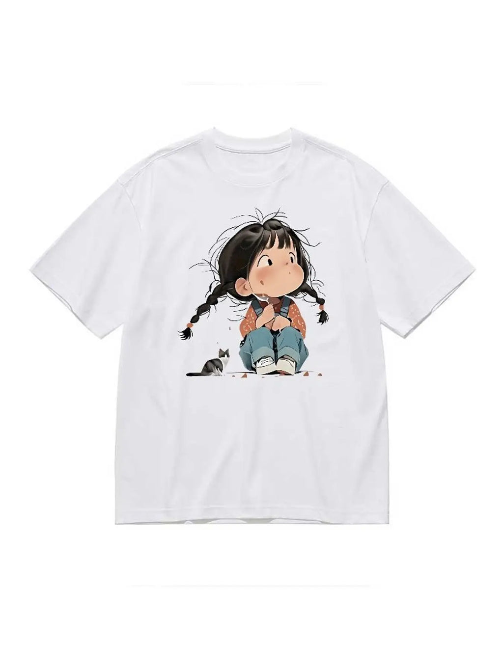 Cute Cartoon Little Girl with Cat Graphic T Shirt Women Fashion Casual Stretchy Plus Size Short Sleeve Soft Cotton Summer Tee Tops