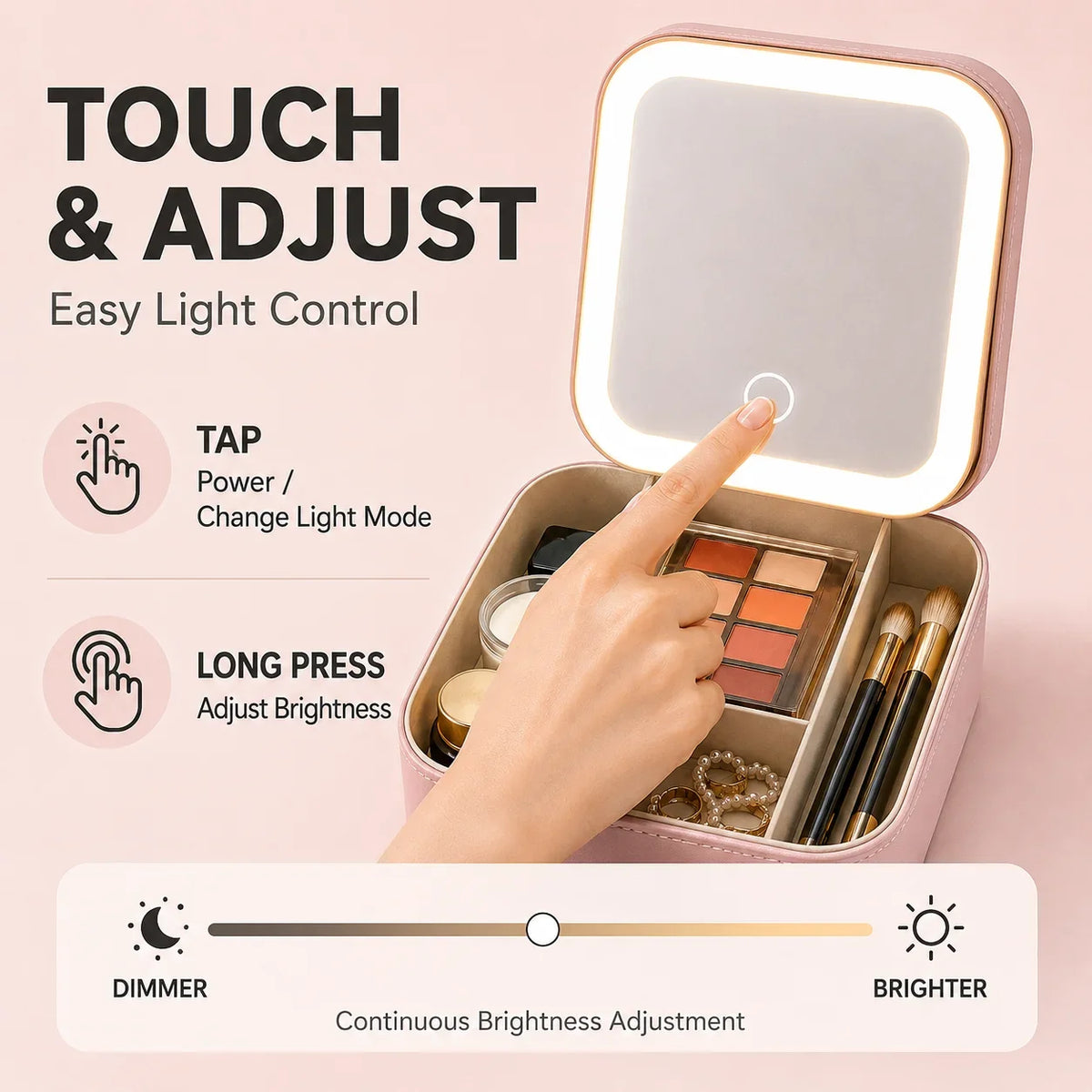 Portable LED Lighted Makeup Mirror Jewelry Box Organizer Travel Cosmetic Case USB Rechargeable Touch Control Vanity Mirror