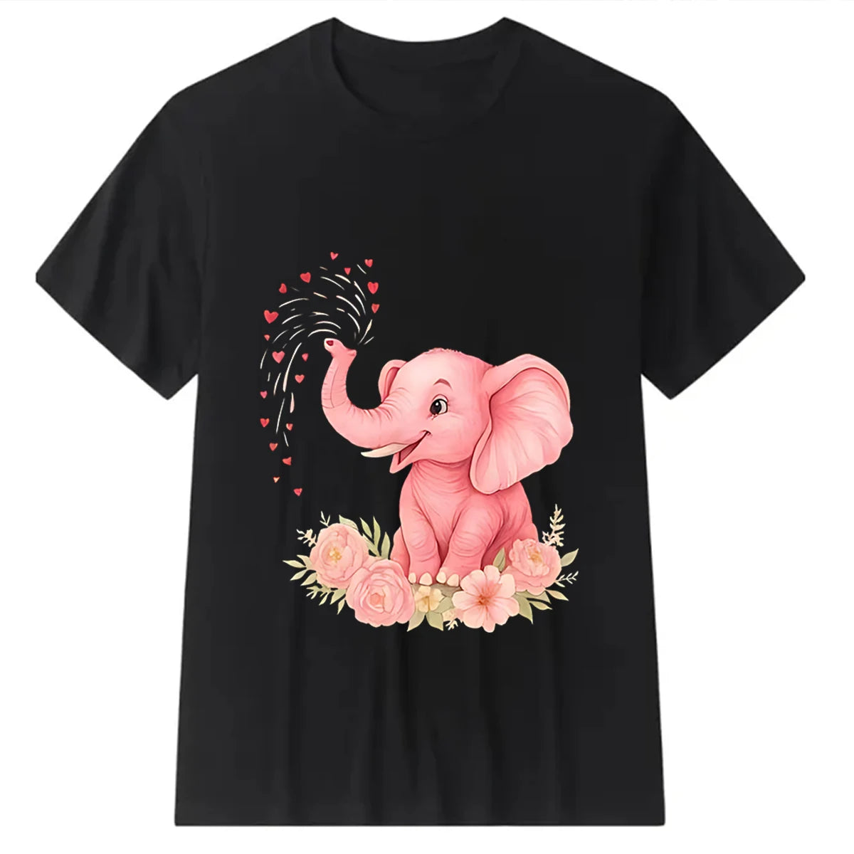 Cute pink elephant, heart, and floral print loose-fit plus-size women's cotton T-shirt with a round neck and short sleeves—suitable for casual daily wear, vacations, and lounging at home.