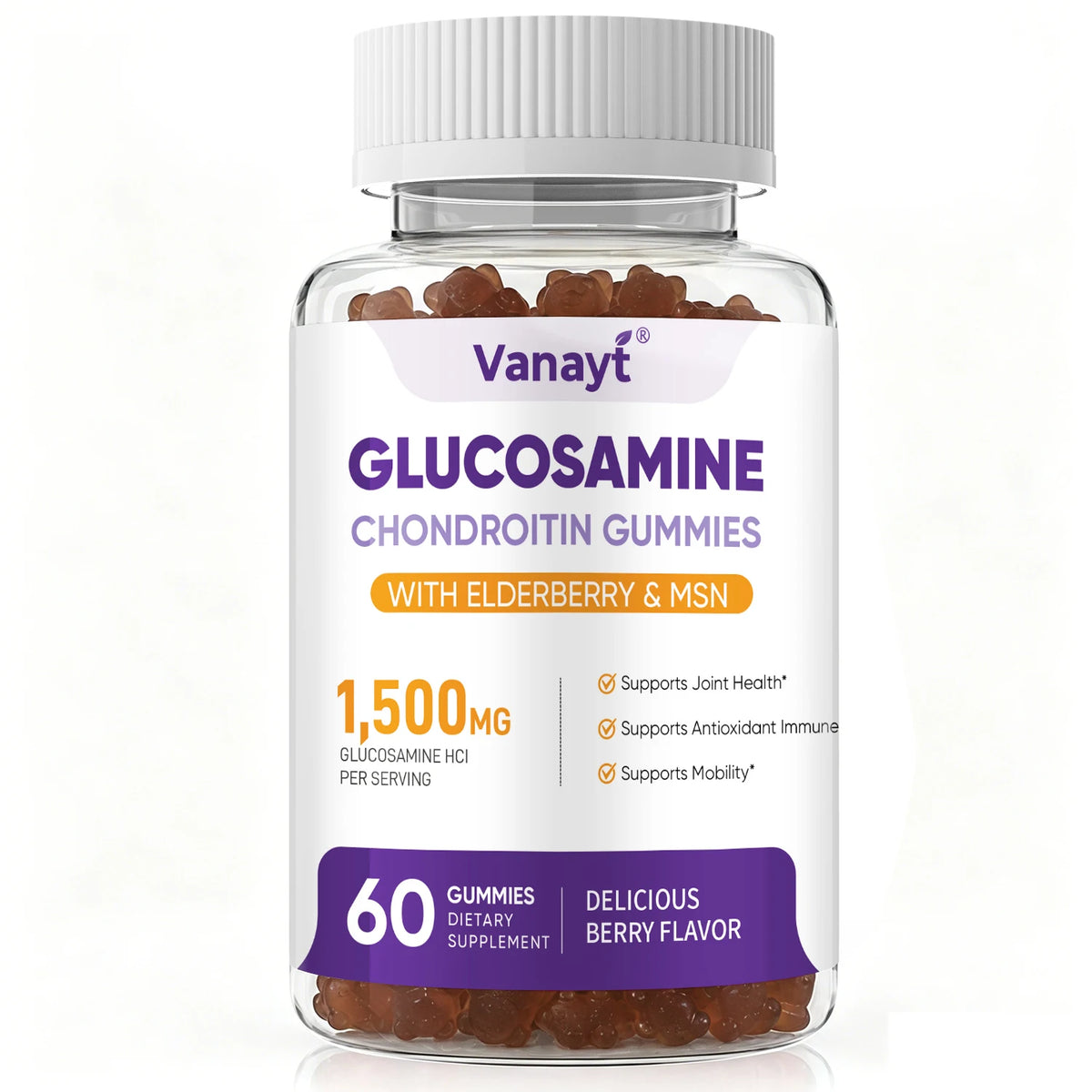 Vanayt Glucosamine Chondroitin Gummies with MSM & Elderberry 1500mg Daily Joint Wellness Support Supplement 60 Chewable Gummies