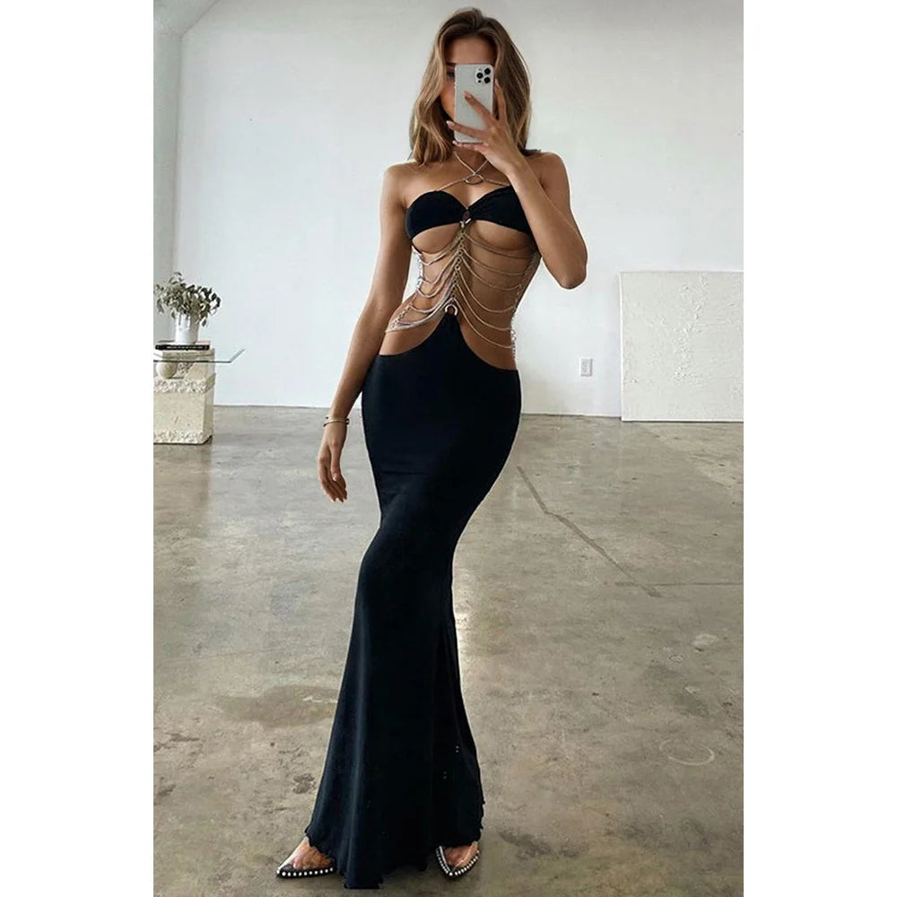Metal Chain Halter Hollow Out Party Dresses Women Evening Sexy Sleeveless Maxi Dress Wrap Elegant Dresses