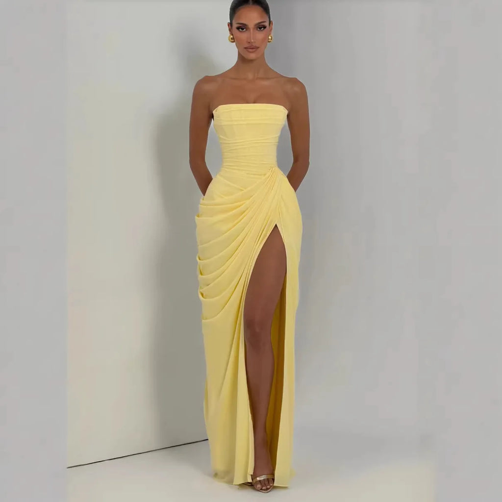 Mingmingxi Spring Summer Yellow Strapless Maxi Dress Ruched High Slit Evening Gown Bodycon Wedding Guest Party Dress Women