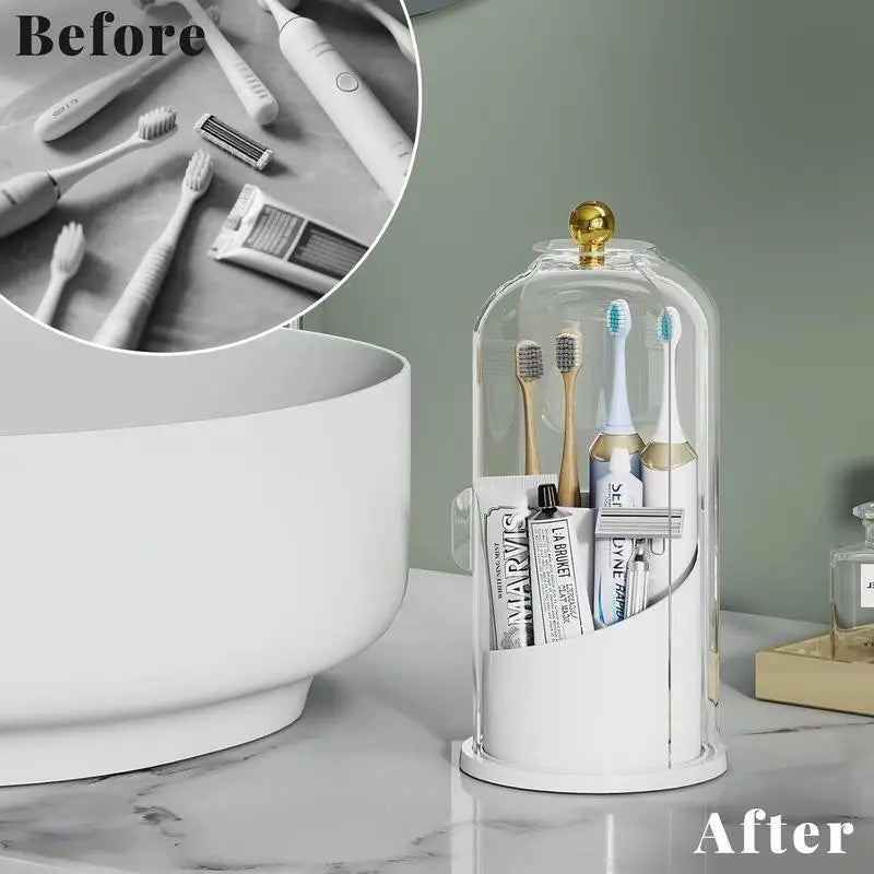 360 Rotating Makeup Brush Organizer with Clear Dustproof Lid Multi-Grid Cosmetic Storage Box Desktop Vanity Countertop Container Toothbrush Stand Beauty Display Case for Bathroom Dresser Office