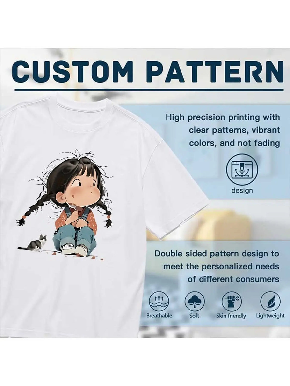Cute Cartoon Little Girl with Cat Graphic T Shirt Women Fashion Casual Stretchy Plus Size Short Sleeve Soft Cotton Summer Tee Tops