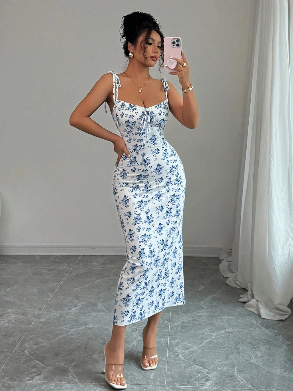 Flowy Floral Slip Dress Square Neck Tie-Up Ruched Waist Dress