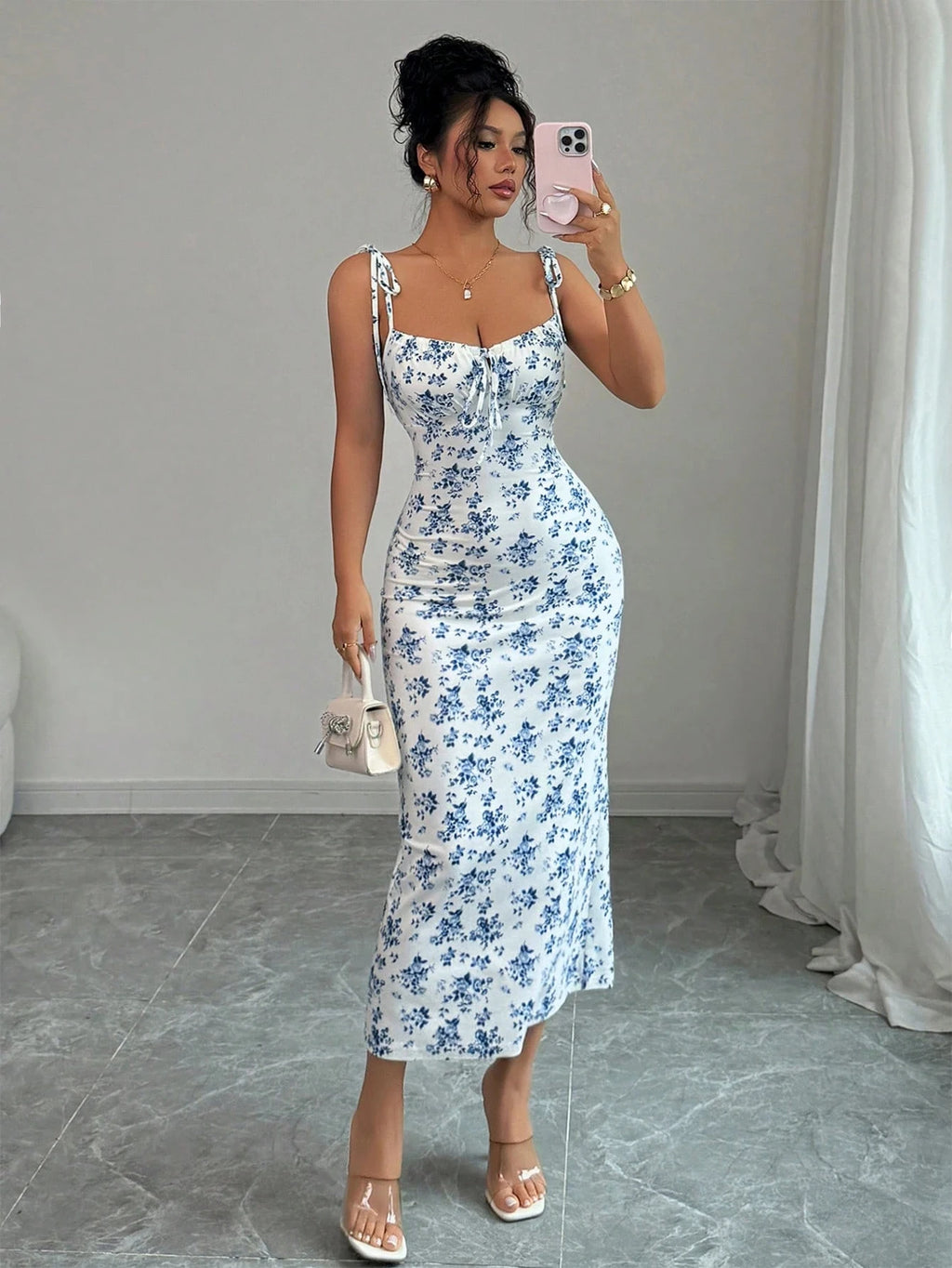 Flowy Floral Slip Dress Square Neck Tie-Up Ruched Waist Dress