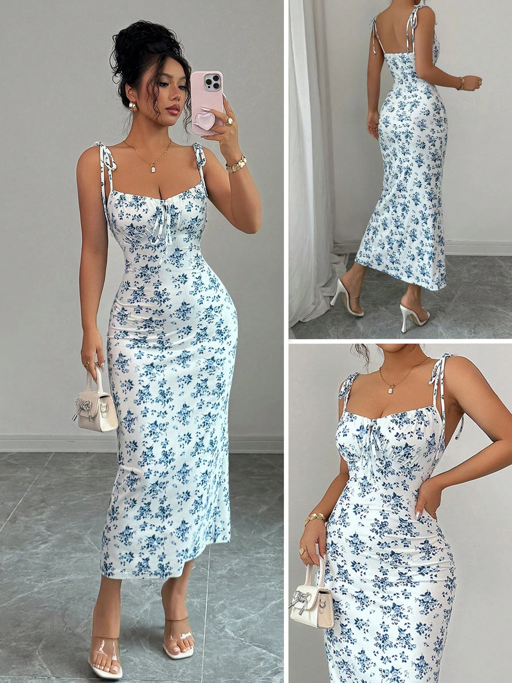 Flowy Floral Slip Dress Square Neck Tie-Up Ruched Waist Dress