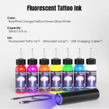 KVM 30ml 7 Color Fluorescent Tattoo Ink Pigment Body Art Ink Equipped with Ultraviolet Light Illumination Lamp Tattoo Supplies